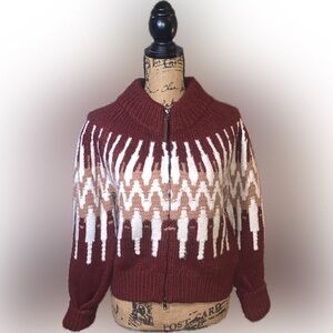 NWT Sundance Wool Blend Maroon White Heavy Knit Pattern Chunky Bomber Sweater M
